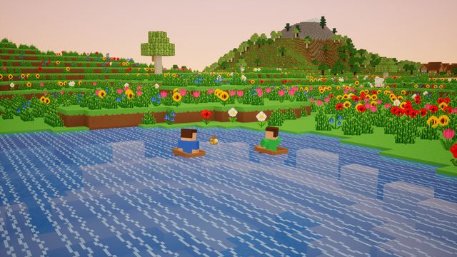Friends sailing boats on a lake among flowery hills