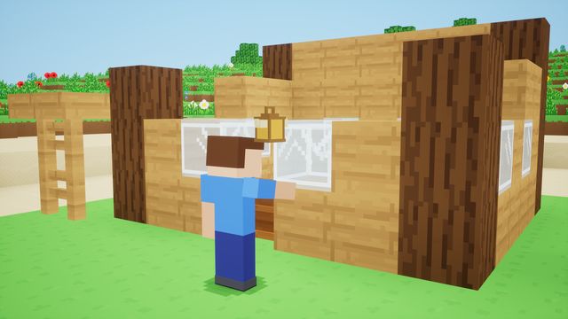 A player building a wooden cottage