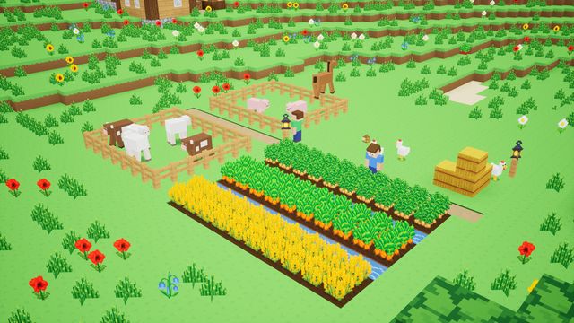 A farm with fields of wheat and carrots, sheep and cows in their pens