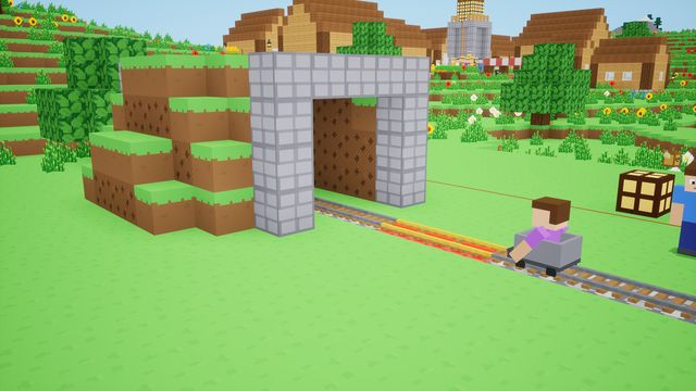 A minecart on rails coming out of a stone tunnel
